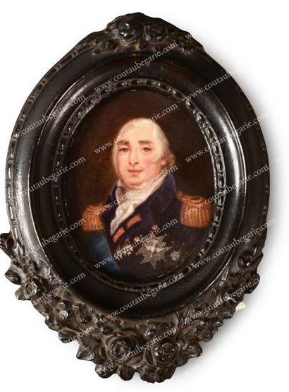 null Louis XVIII, roi de France. Plaque ovale à décor d'un portrait miniature peint...