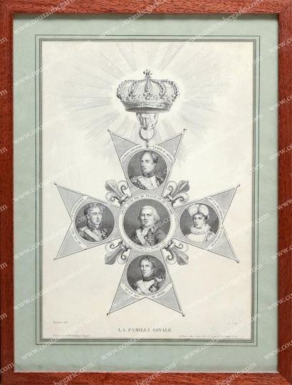 null Famille royale de France. Gravure par Blanchard, représentant une croix de l'Ordre...