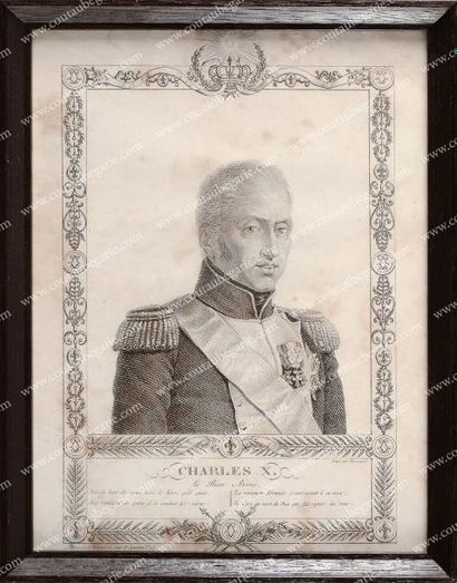 null Charles X, roi de France. Gravure par Décrouant, le représentant en uniforme,...