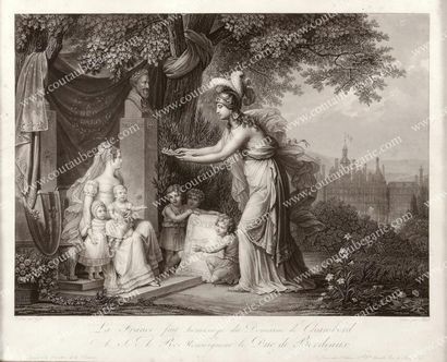 null Château de Chambord. Belle gravure intitulée «La France fait hommage du Domaine...
