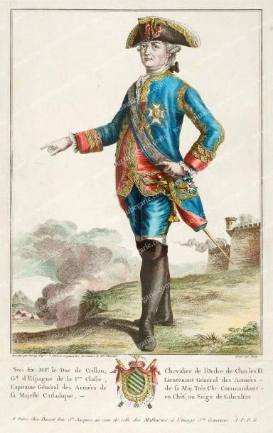 Louis des Balbes de Berton, duc de Crillon (1717-1796) Belle gravure rehaussée à...