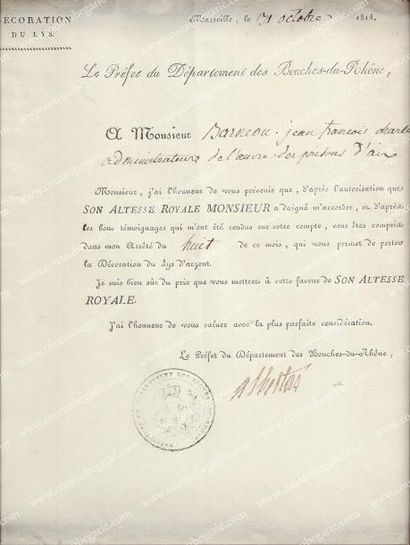 null Brevet de délivrance d'une croix de l'Ordre du Lys, décerné à Monsieur Barneau,...