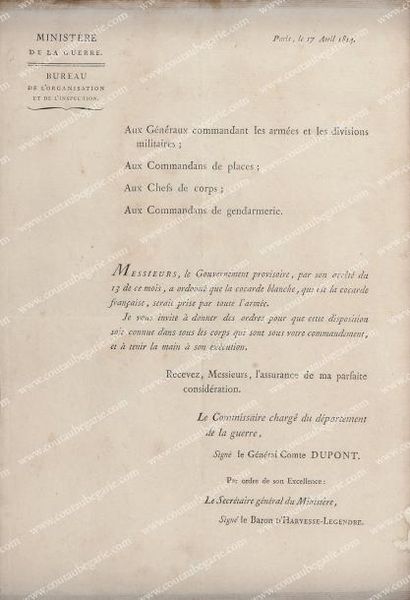 null Ordonnance sur le port de la cocarde blanche par l'armée, publication imprimée...