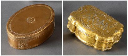 null Une boite en pomponne (cuivre doré), de forme ovale, décorée de quatre pilastres...