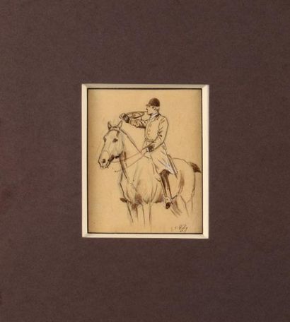 Georges Frédéric ROTIG (1873-1961) Sonneur de trompe de chasse à cheval Crayon et...
