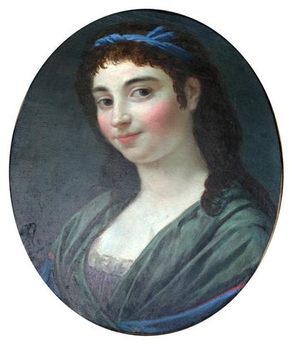 École FRANÇAISE de la fin du XVIIIe siècle Portrait de jeune femme représentée en...
