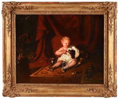 École HOLLANDAISE de la fin du XVIIIe siècle Jeune enfant nourrissant son chien Toile...