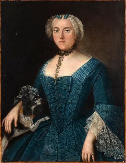 Ecole francaise vers 1760 Portrait de femme avec son chien Toile 85,5 x 67 cm Restaurations...