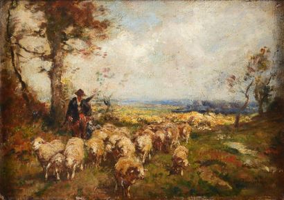 Henri ROUSSEAU (1875 - 1933) Berger et son troupeau Huile sur carton signée en bas...