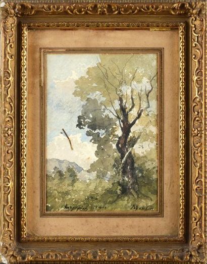 Henri HARPIGNIES (1819-1916) Paysage à l'arbre. 1911. Aquarelle signée et datée en...