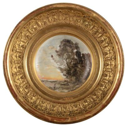 Jean Baptiste COROT (1796-1875) Paysage Assiete peinte présentée dans un cadre doré,...