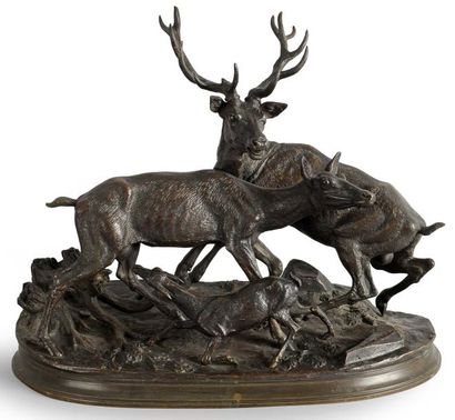 Jules Moigniez (1835-1894) La famille de cerfs Bronze à patine brune 32,5 x 39 c...