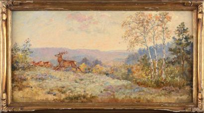 Paul TAVERNIER (1852-1943) Harde de cerf et biches dans la lande huile sur toile...