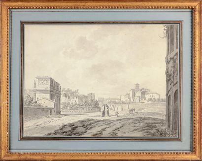 Daniel DUPRE (Amsterdam 1752 - 1817) Vue d'une ville italienne Pierre noire, plume...