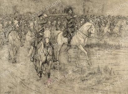 DETAILLE Edouard (1848-1912) L'empereur Nicolas II parmi les hussards. Gravure signée...