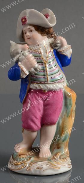 null Figurine en porcelaine polychrome, représentant un jeune berger debout le long...
