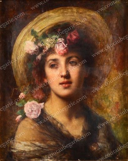 HARLAMOFF Alexis Alexiévitch (1840-1925) Portrait d'une jeune fille au chapeau. Huile...