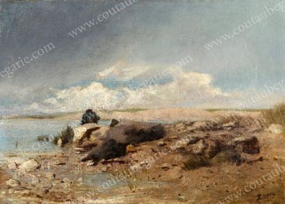 POLENOV Vassily Dimitriévitch (1844-1927) Paysage lacustre. Huile sur toile, rentoilée,...