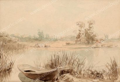 LAGORIO Lev Félixovitch (1827-1905) Vue d'une barque près d'un étang. Dessin au lavis,...