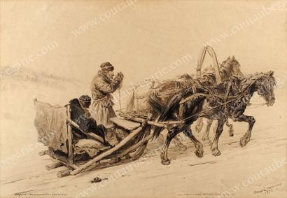 SOKOLOFF Petr Petrovitch (1821-1899) Troïka conduite par un paysan fumant sa pipe....