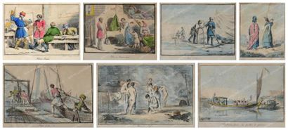 RUSSIE IMPÉRIALE Lot de sept lithographies anciennes rehaussées à l'aquarelle, intitulées:...