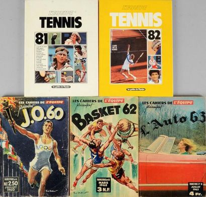 null Lot de 5 cahiers de l'Equipe, J.O 1960, Basket 62, l'Auto 1963 et Tennis 1981...