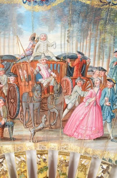 null Le carnaval, vers 1750 Eventail plie, feuille en papier peint a la gouache....