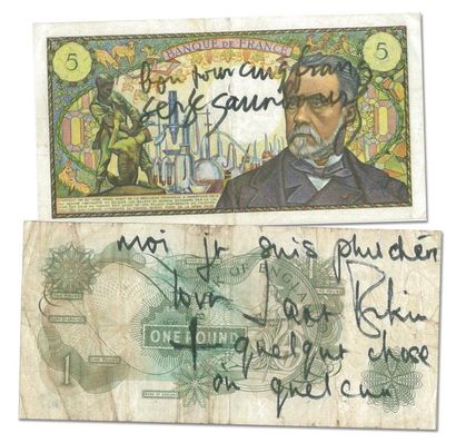 null Gainsbourg, Serge. Un billet de banque de cinq francs dédicacé par Serge Gainsbourg...