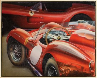 KAPICA Ferrari de course. Acrylique. Signée et daté 91 100 x 81 cm