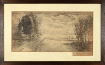 Eugène CARRIÈRE (1849-1906) Paysage hollandais  Dessin à la mine de plomb signé et...