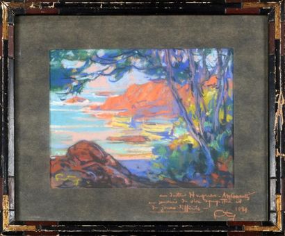 Louis FORTUNEY (1878-1950) Paysage en bord de mer (les Roches Rouges à Agay?) Pastel...