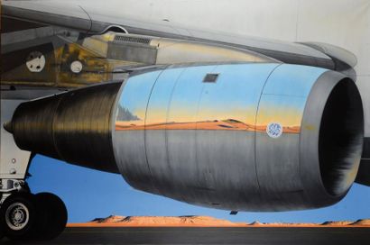 François BRICQ né en 1937 Réacteur d'avion. Huile sur toile. 130 x 195 cm