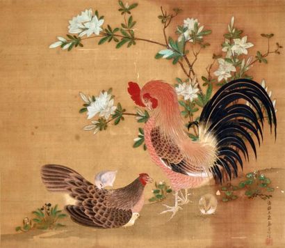 null Kakemono peint à l'encre et couleurs sur soie, représentant un coq, une poule...