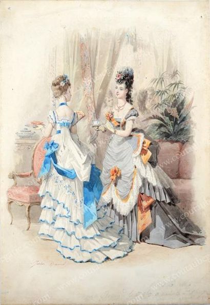 DAVID (J.) Elégantes au salon, illustration originale pour périodique de mode, 1872,...