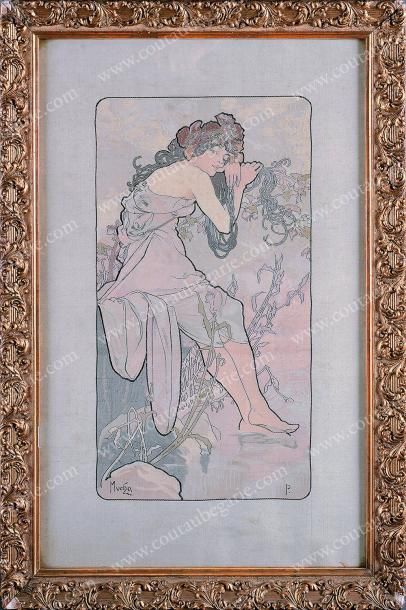 null Summer, rare tableau tissé et imprimé d'aprs A. Mucha, vers 1900, signature...