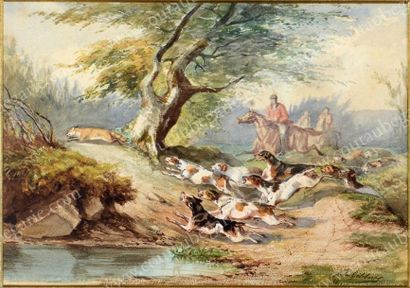 Jules GELIBERT La chasse au renard. Aquarelle (légère mouillure) 22,5 x 31,5 cm