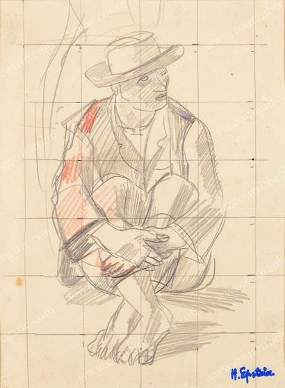 Henri EPSTEIN (1892 - 1944) Homme assis Mise aux carreaux, dessin à la mine de plomb...