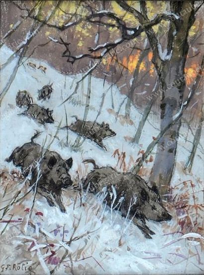 Georges Frédéric ROTIG (1873 - 1961) Sangliers dans la neige. Gouache. SBG. 10,5...