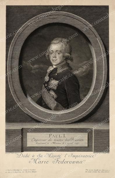 null PAUL Ier, empereur de Russie (1754-1801). Gravure signée Klauber, datée 1797,...