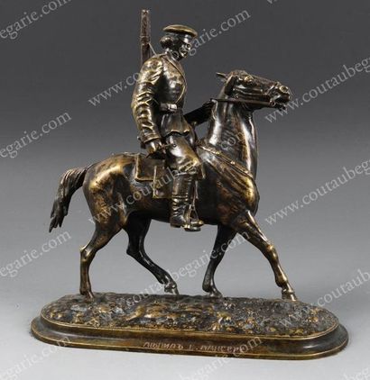 null LANCERAY Eugène Alexandrovitch (1848-1886). Soldat à cheval. Bronze doré à patine...