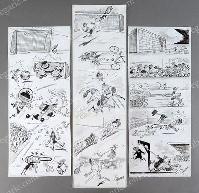 PELLOS Ensemble de 3 dessins originaux à l'encre et lavis parus dans la revue Miroir...