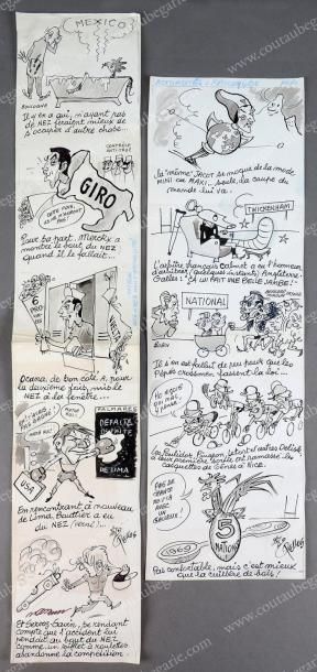 PELLOS Ensemble de 2 dessins originaux à l'encre et lavis. «Actualités à rallonges»...