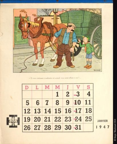 HERGÉ CALENDRIER SCOUT 1947 Illustré par Hergé. Rarissime exemplaire complet, sans...