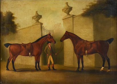 ECOLE ANGLAISE DU XIXe SIÈCLE Le lad et ses chevaux Huile sur toile rentoilée, signée...