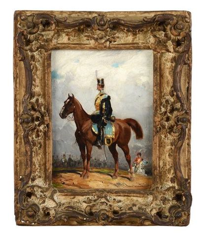 Joseph Van Severdonck (1819-1905) Officier de hussards à cheval Huile sur panneau...