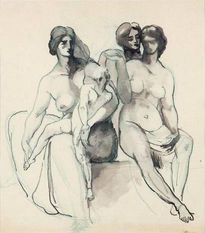 CIAMBERLANI (1864-1956) Trois femmes et un enfant. Fusain 33 x 29 cm
