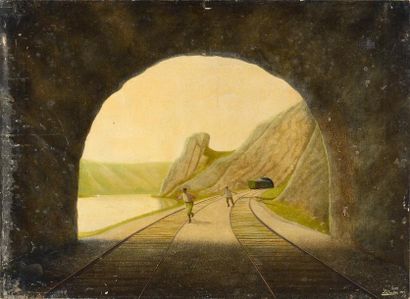 A. Daussin XIX-XX Ecole naïve. Accident en tunnel 1903 Huile sur toile signée et...