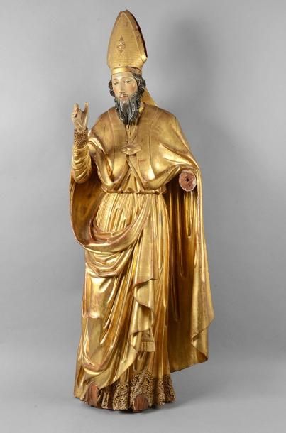 null Saint personnage en pied en bois sculpté et doré Epoque XVIIIe siècle Manque...