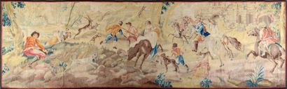 AUBUSSON Tapisserie laine et soie Scène de chasse au cerf XVIIIe siècle 535 x 165...