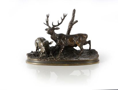 Pierre Jules MENE Cerf et biche. Bronze à patine brune, fonte ancienne. Signé sur...